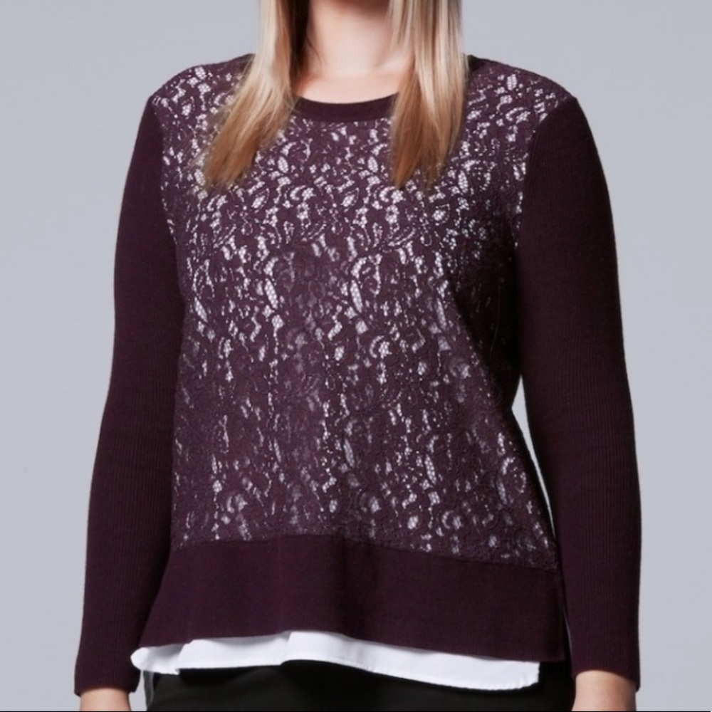 SIMPLY VERA WANG Mock-Layer Lace Front Sweater - Picture 4 of 5